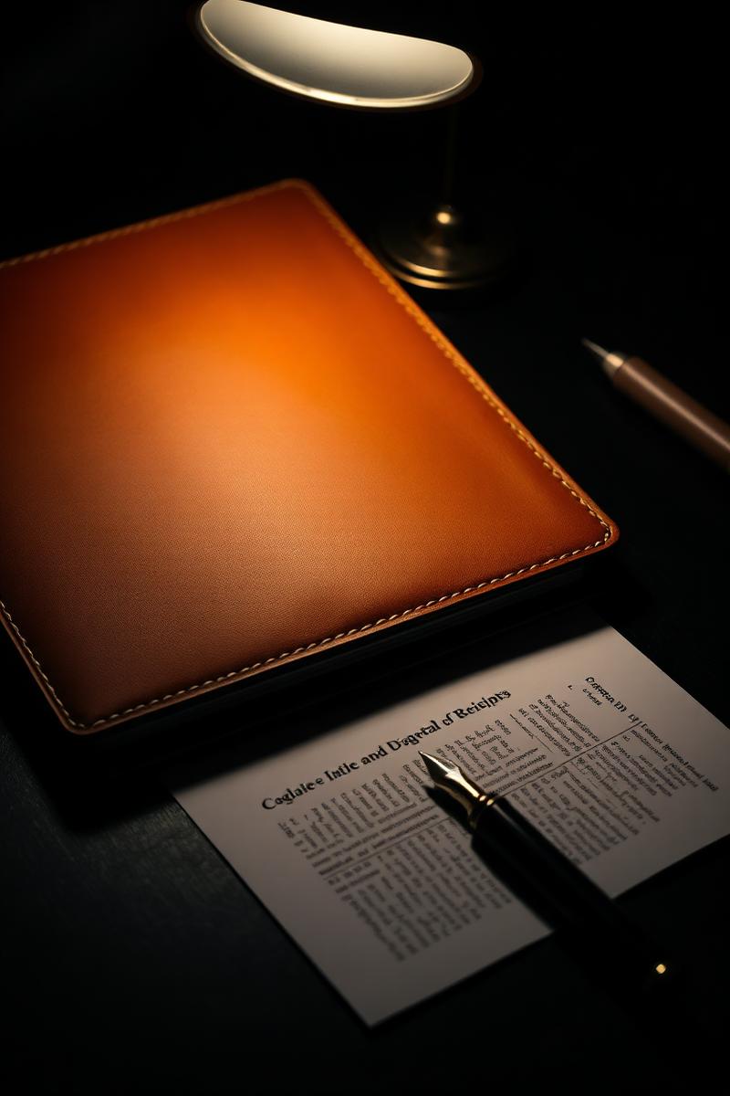 Folio de piel y pluma sobre un escritorio de despacho